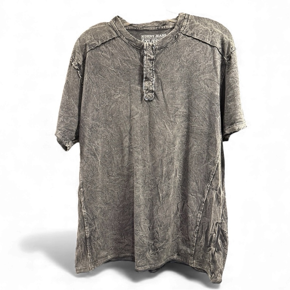 DKNY Jeans Men’s Henley T-Shirt – Distressed Gray, Size XL